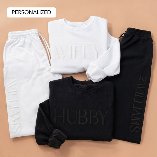 Embossed Personalized WIFEY / HUBBY Sweatshirt & Joggers Set