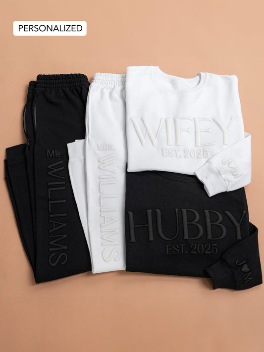 Embossed Personalized WIFEY / HUBBY Sweatshirt & Joggers Set