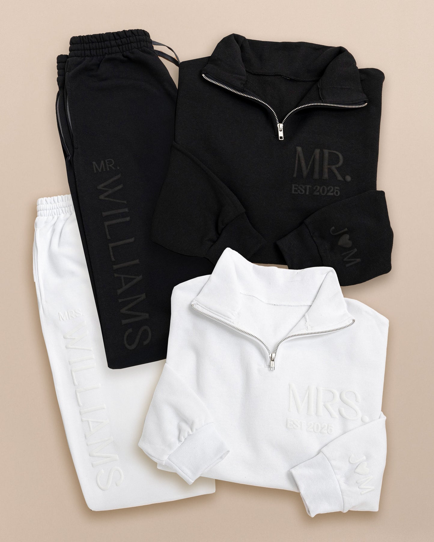 Embossed MR & MRS Quarter Zip/Joggers Sets - Monochrome