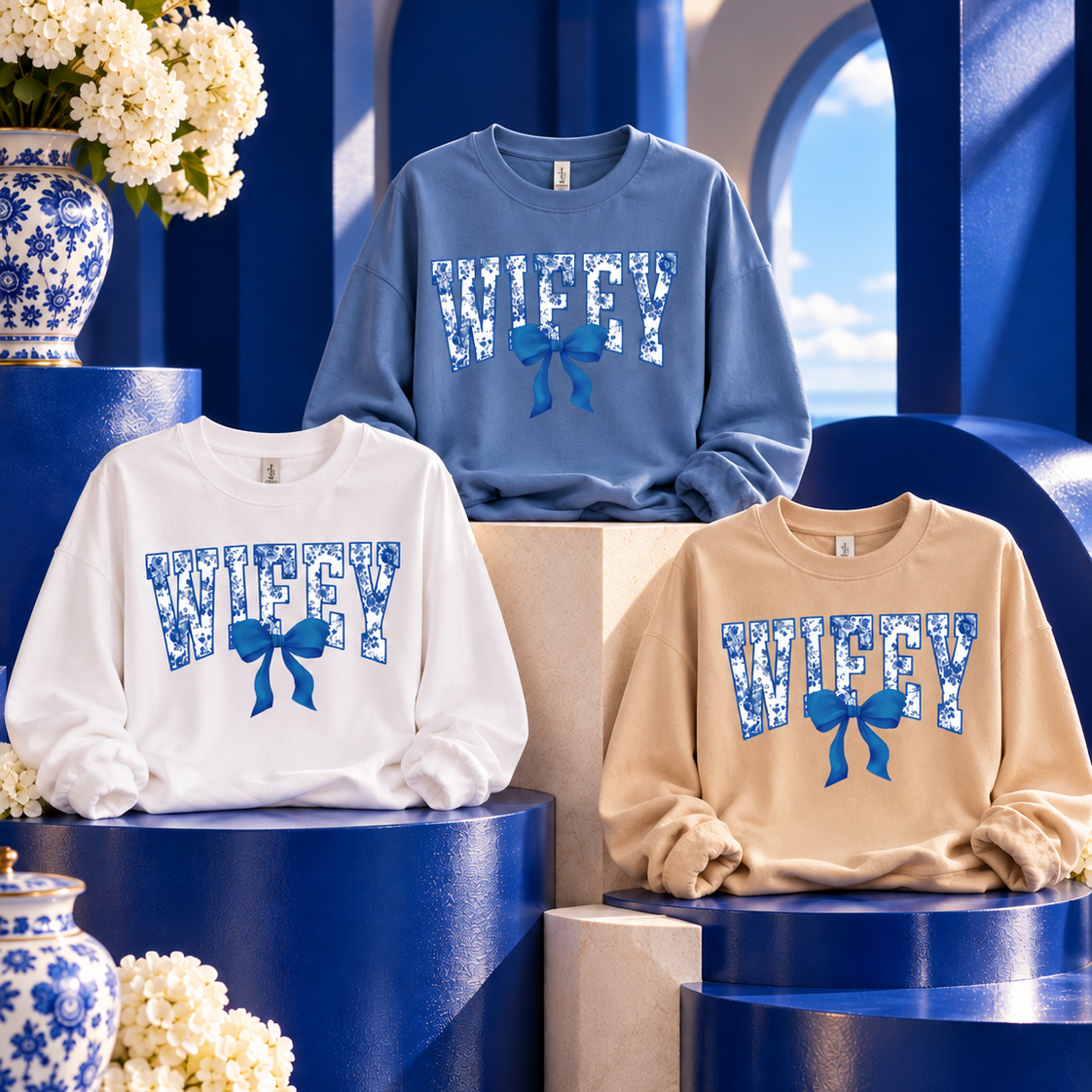 Blue Floral Wifey Tee or Sweatshirt with Bow