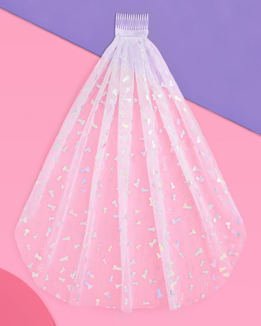 Sorry Mom Bachelorette Veil | Iridescent Foil Penis & Diamond Print Veil