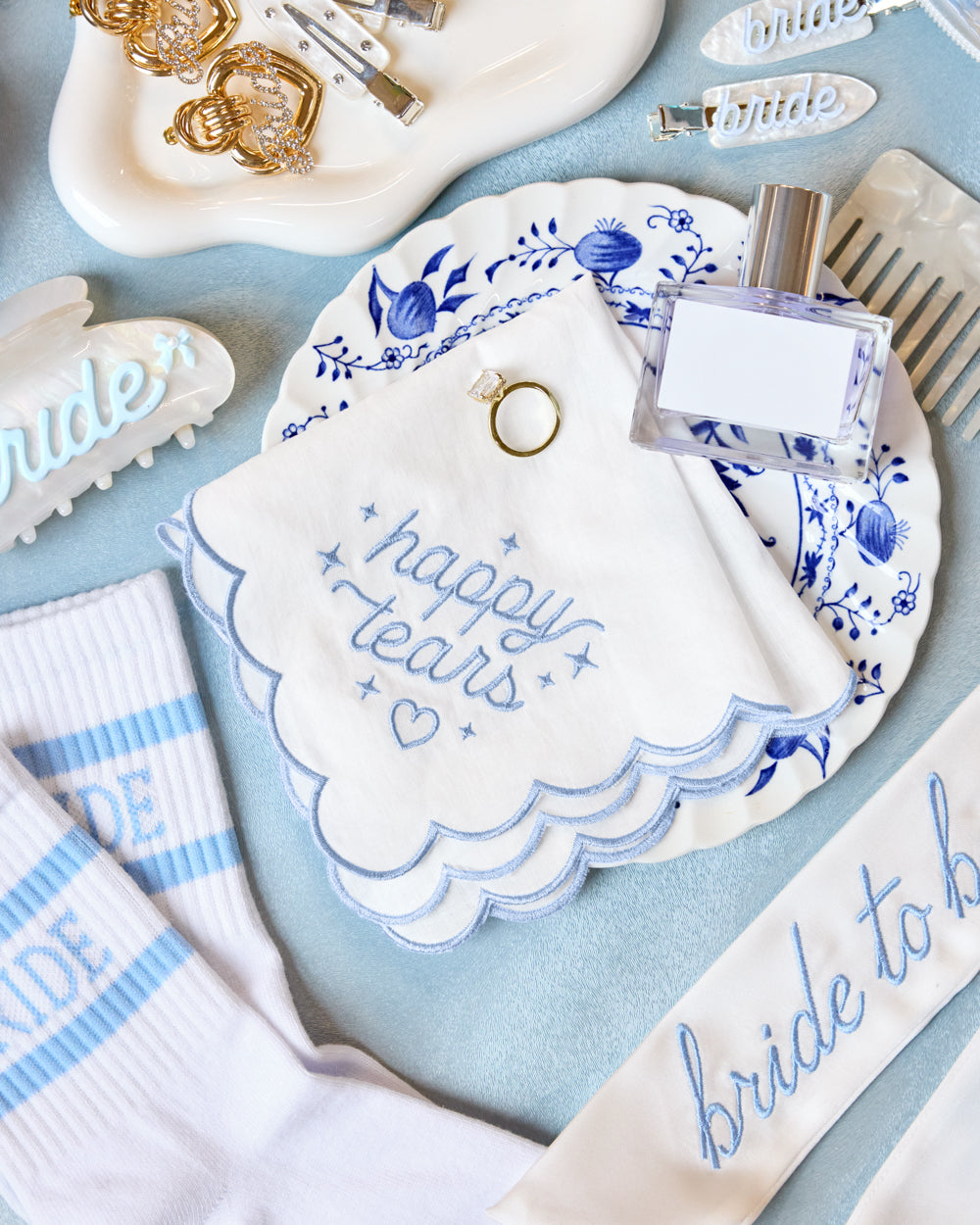 Happy Tears Hanky | Embroidered Bridal Handkerchief – Something Blue Wedding Gift