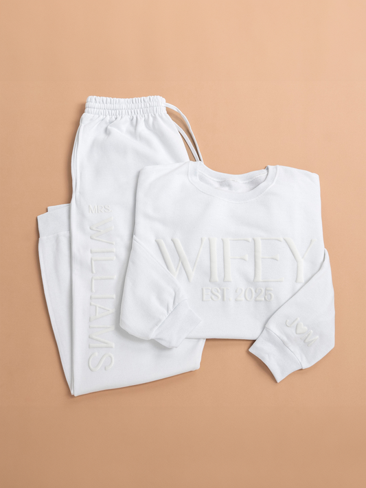 Embossed Personalized WIFEY / HUBBY Sweatshirt & Joggers Set