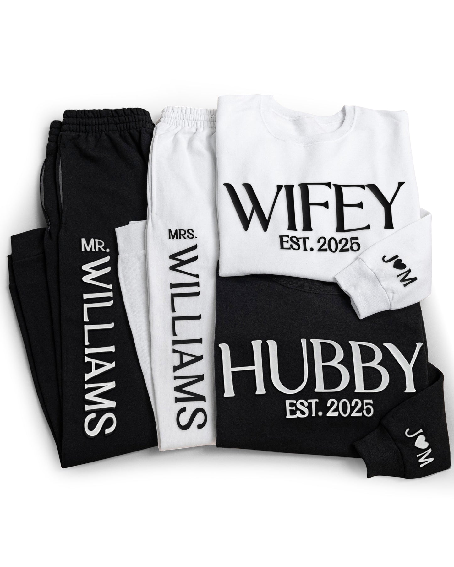 Personalized 'Mr.', 'Mrs.', 'Wifey', and 'Hubby' clothing set on a white background