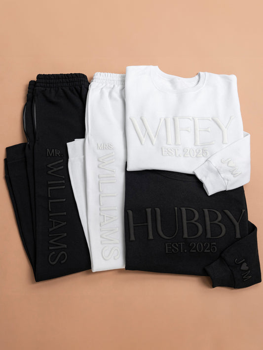 Embossed WIFEY & HUBBY Sweatshirt/Joggers Sets