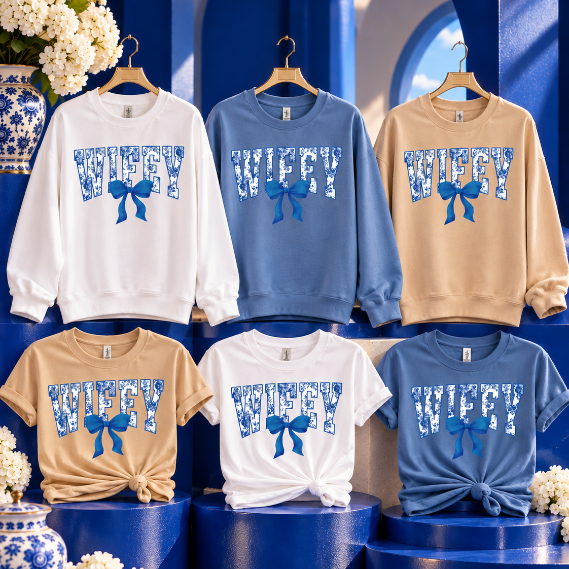 Blue Floral Wifey Tee or Sweatshirt with Bow