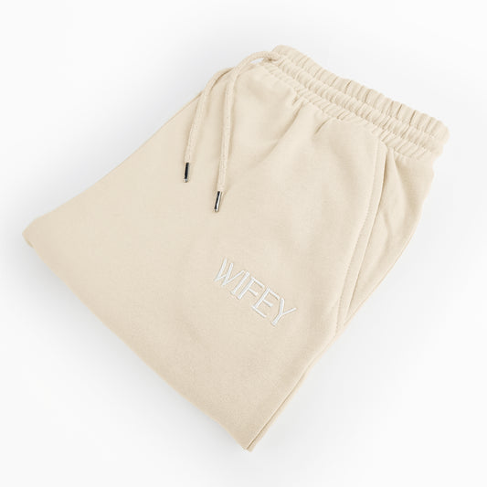 Embroidered WIFEY Joggers - Ivory Cream