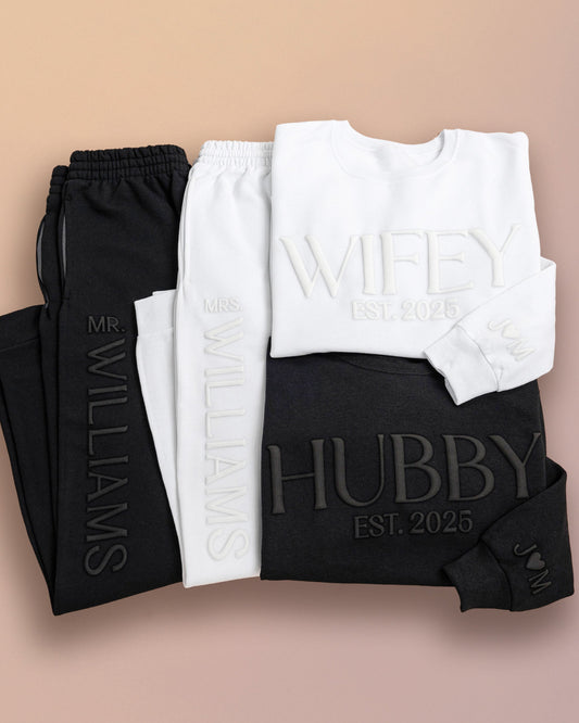 Embossed WIFEY & HUBBY Sweatshirt/Joggers Sets