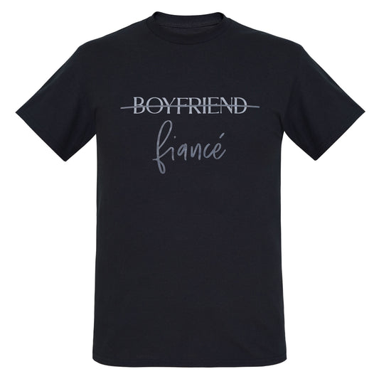 Matching T-shirts for bride and groom. Pink Girlfriend To Fiancee T-shirt and black Boyfriend To Fiance T-shirt.