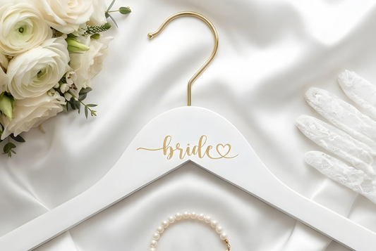 Bride Heart Gold Engraved Hanger, White Hanger with Gold Hook