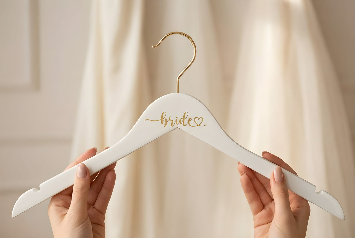 Bride Heart Gold Engraved Hanger, White Hanger with Gold Hook