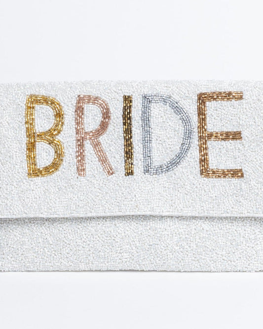 Beaded Bride Purse. Covered in shiny white seed beads, this purse has BRIDE outlined with complementing gold, rose gold, bronze, copper and metallic silver seed beads. Can be accessorized as a clutch or worn as a purse.