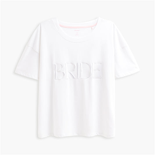 White-on-white embroidered BRIDE t-shirt with oversized/boxy fit.