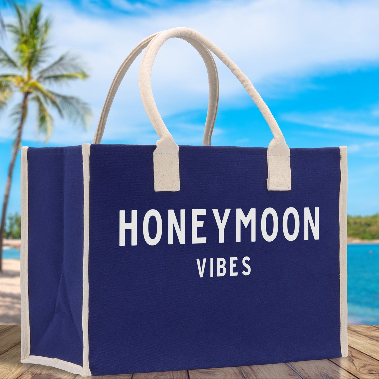 Honeymoon Vibes Cotton Canvas Chic Beach Tote Bag