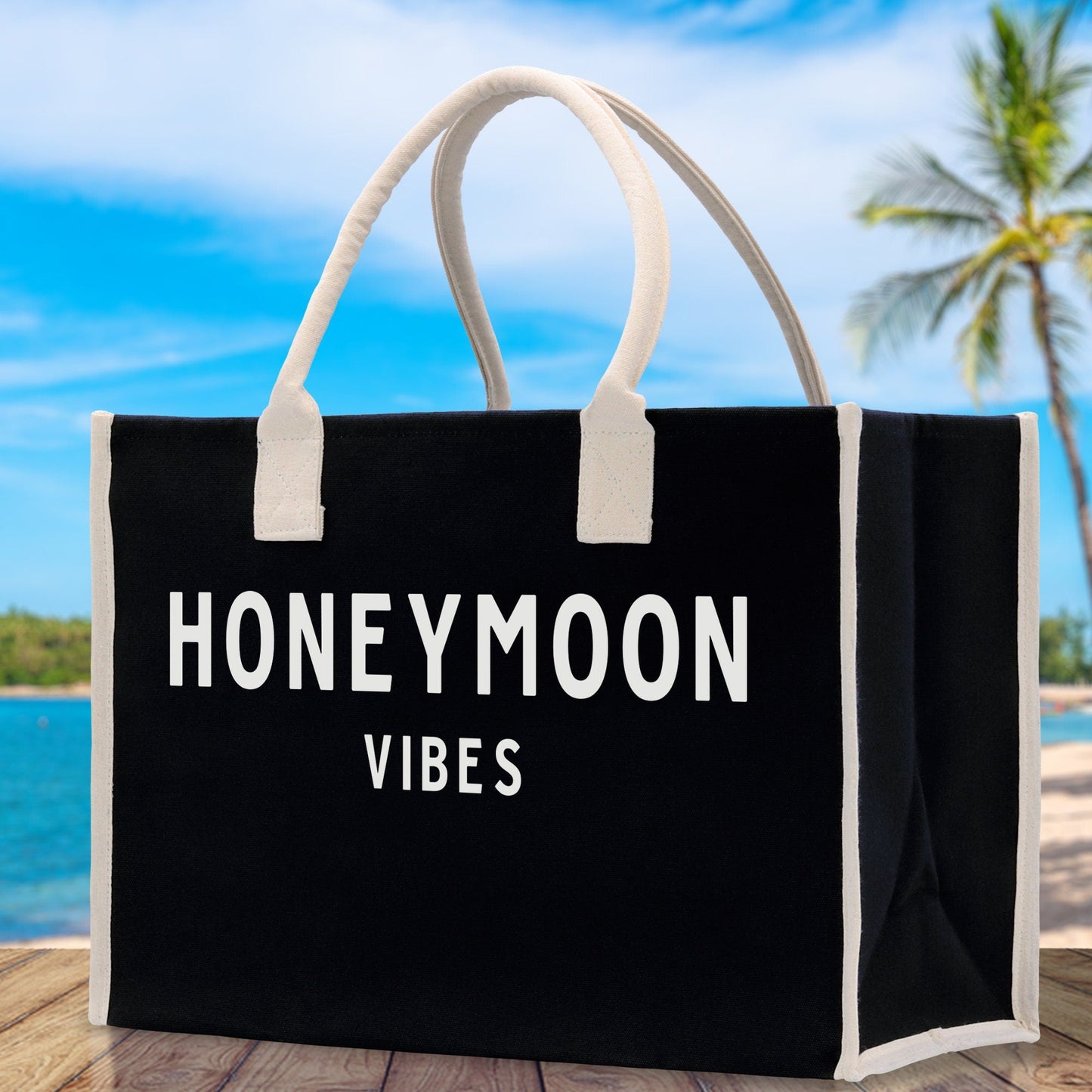 Honeymoon Vibes Cotton Canvas Chic Beach Tote Bag
