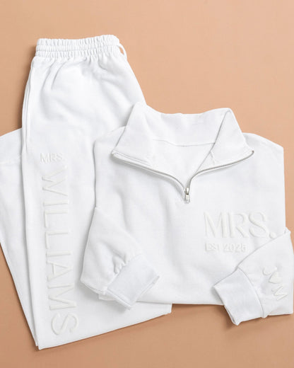 White quarter zip and joggers set with 'MRS' puff print on the chest and other personalization on the cuff and joggers 