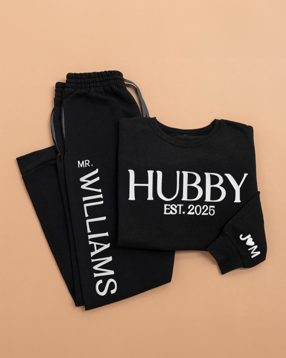 Embossed WIFEY & HUBBY Sweatshirt/Joggers Sets - Contrast