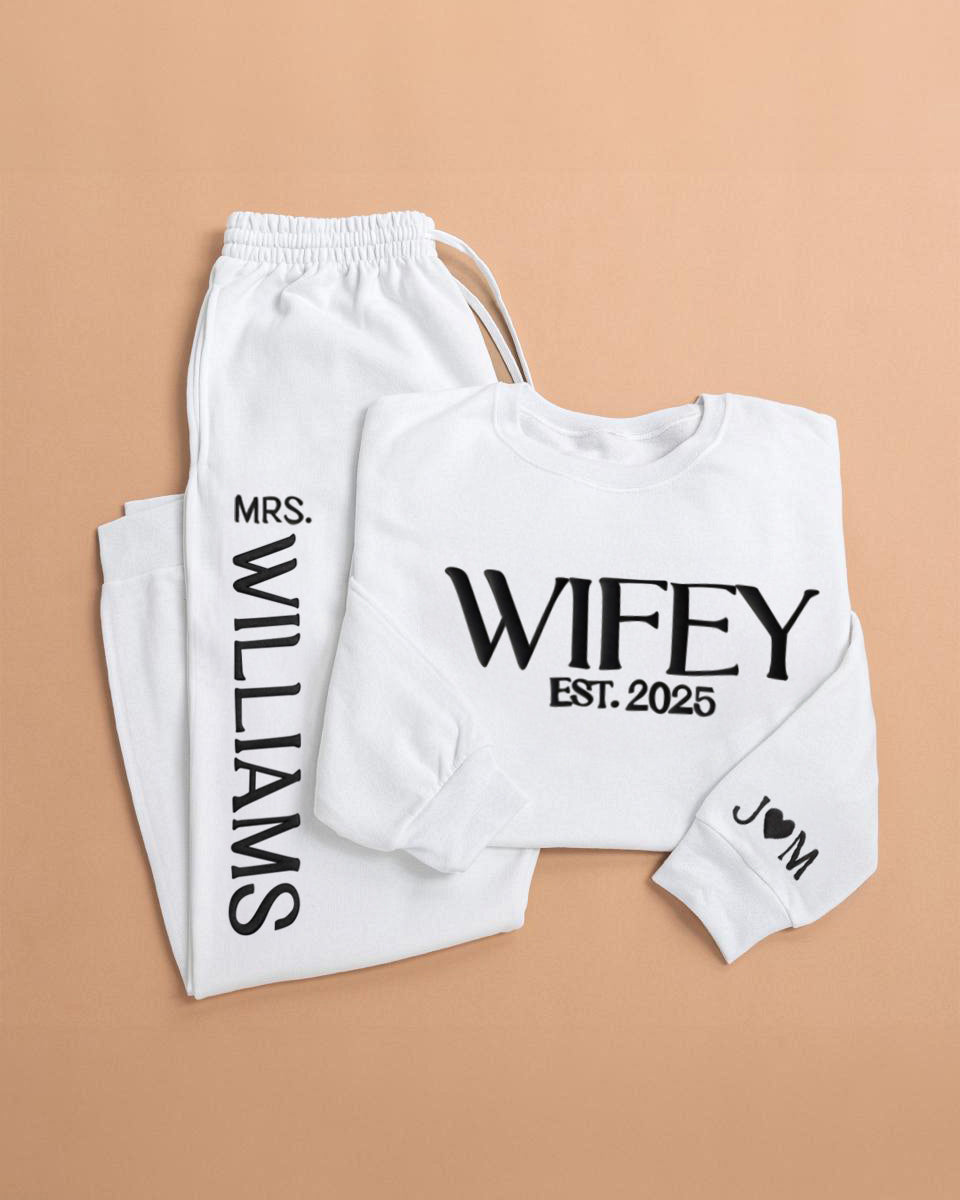 Embossed WIFEY & HUBBY Sweatshirt/Joggers Sets - Contrast