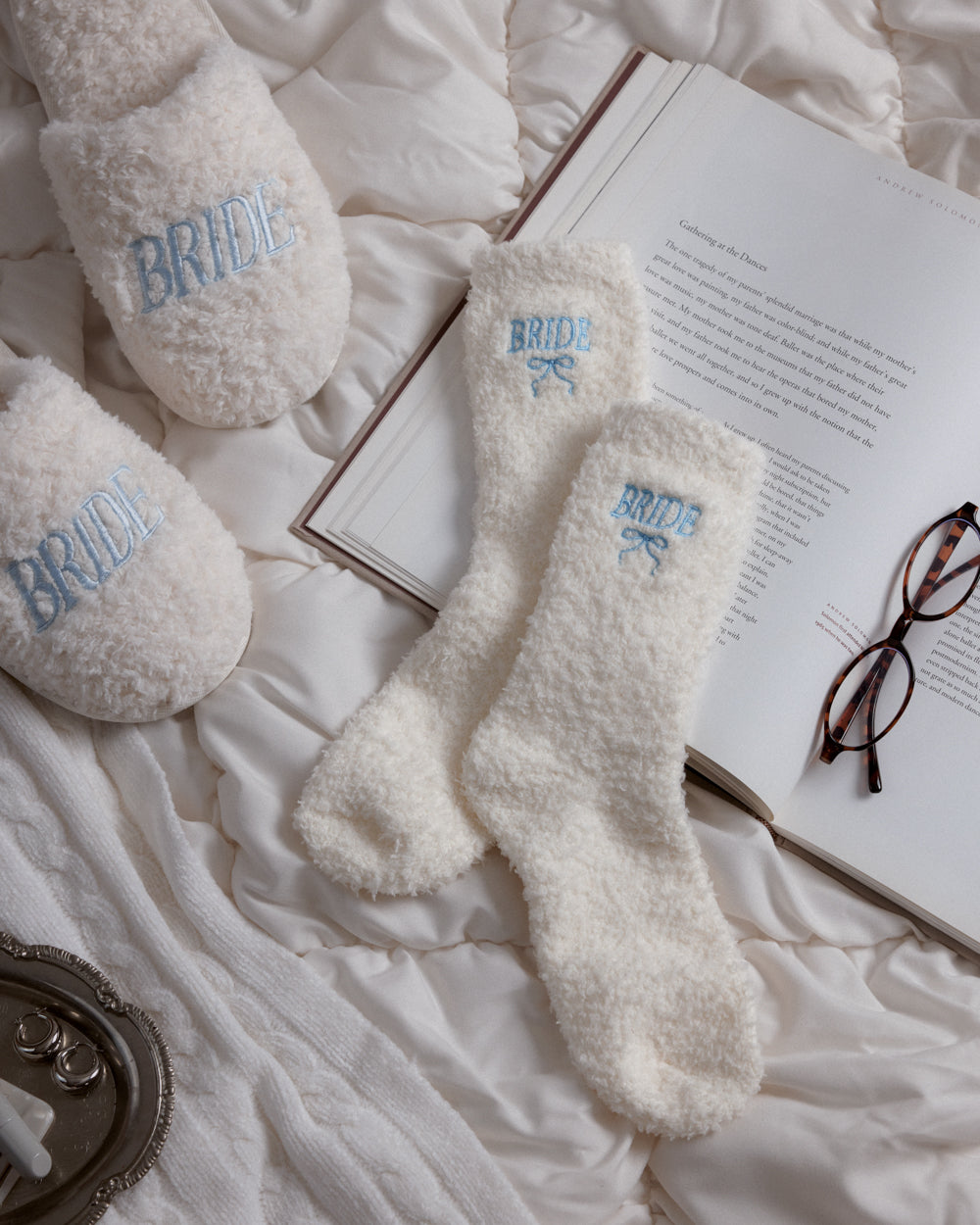 Bride Cloud Socks | Fuzzy Ivory Bridal Socks with Embroidered Bow