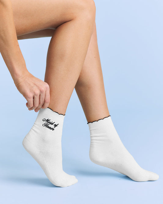 Maid of Honor Socks | Embroidered White Ribbed Cotton Bridal Party Socks