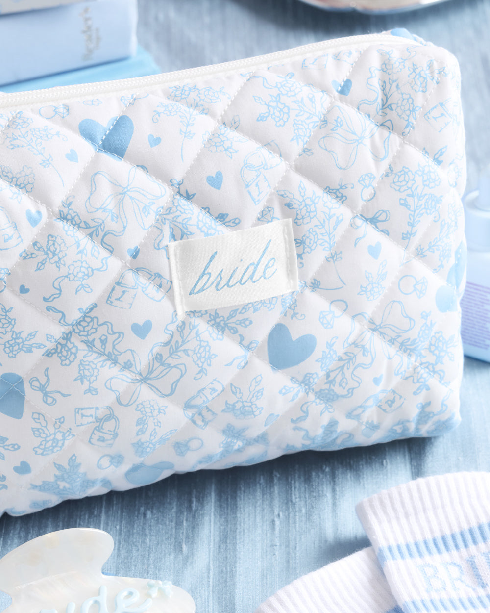 Something blue quilted bridal cosmetic bag
