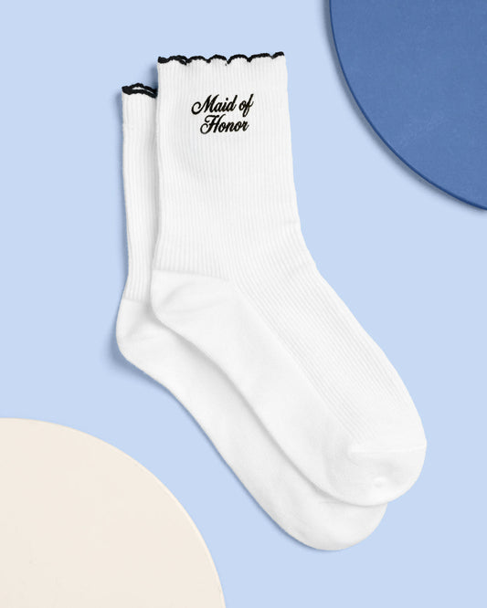Maid of Honor Socks | Embroidered White Ribbed Cotton Bridal Party Socks