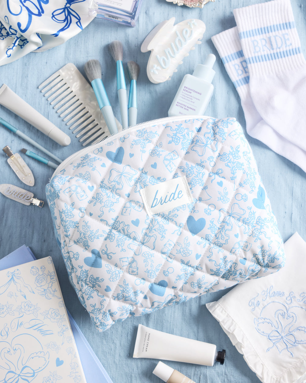 Something blue quilted bridal cosmetic bag