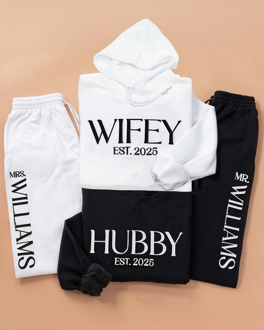 Embossed WIFEY & HUBBY Hoodie/Joggers Sets - Contrast