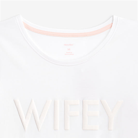 Wifey Puff Print T-shirt Set. Crewneck white t-shirt made of high-quality 100% cotton.