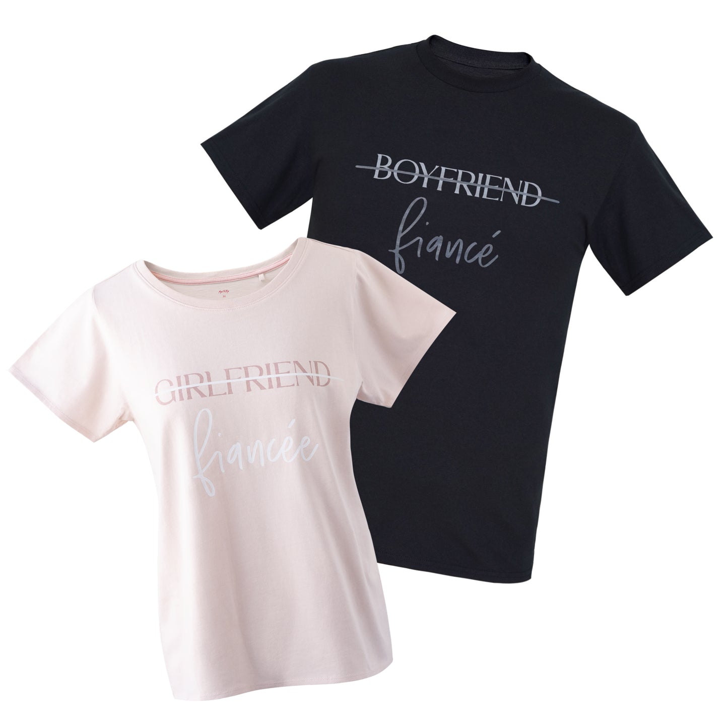 Matching T-shirts for bride and groom. Pink Girlfriend To Fiancee T-shirt and black Boyfriend To Fiance T-shirt.