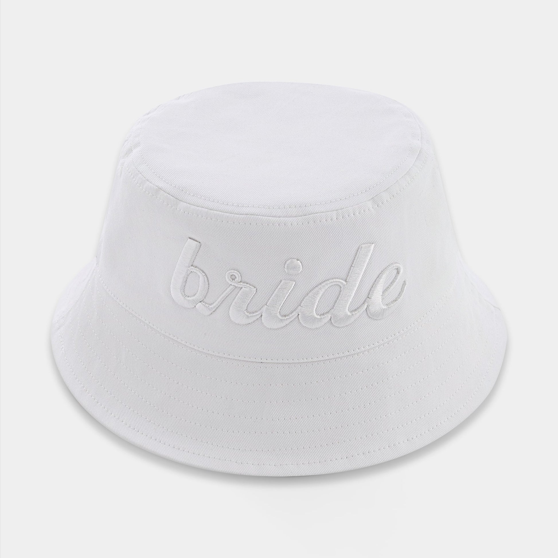 White-on-white embroidered Bride Bucket Hat, made of 100% cotton twill.