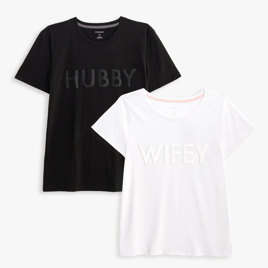 Hubby and Wifey Puff Print T-shirt Set. Crewneck t-shirts made of high-quality 100% cotton, black Hubby t-shirt and white Wifey t-shirt.