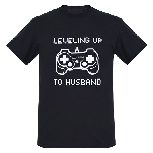 Black Groom T-shirt with a fun print. Leveling Up To Husband and a game controller are printed in white on the front of the t-shirt.