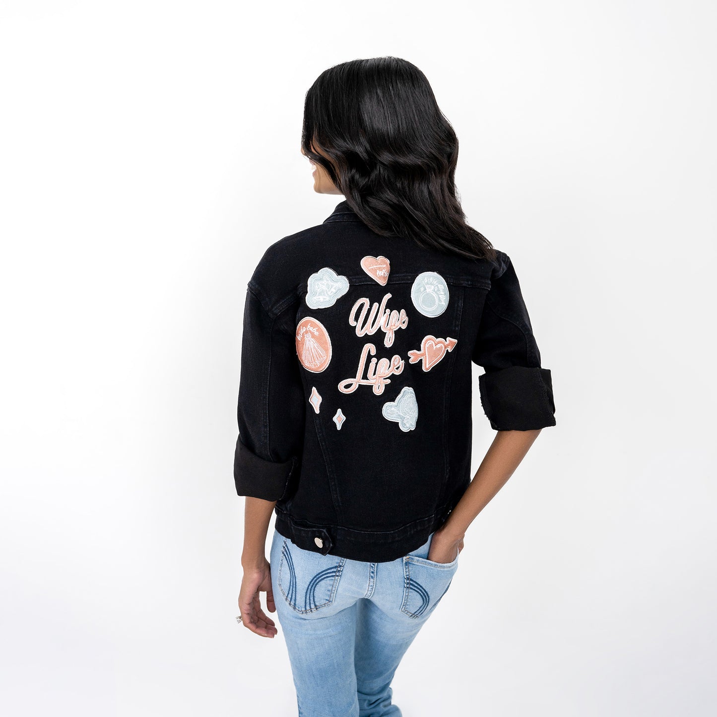 Perfectly Imperfect Wife Life Retro Patches Black Denim Jacket
