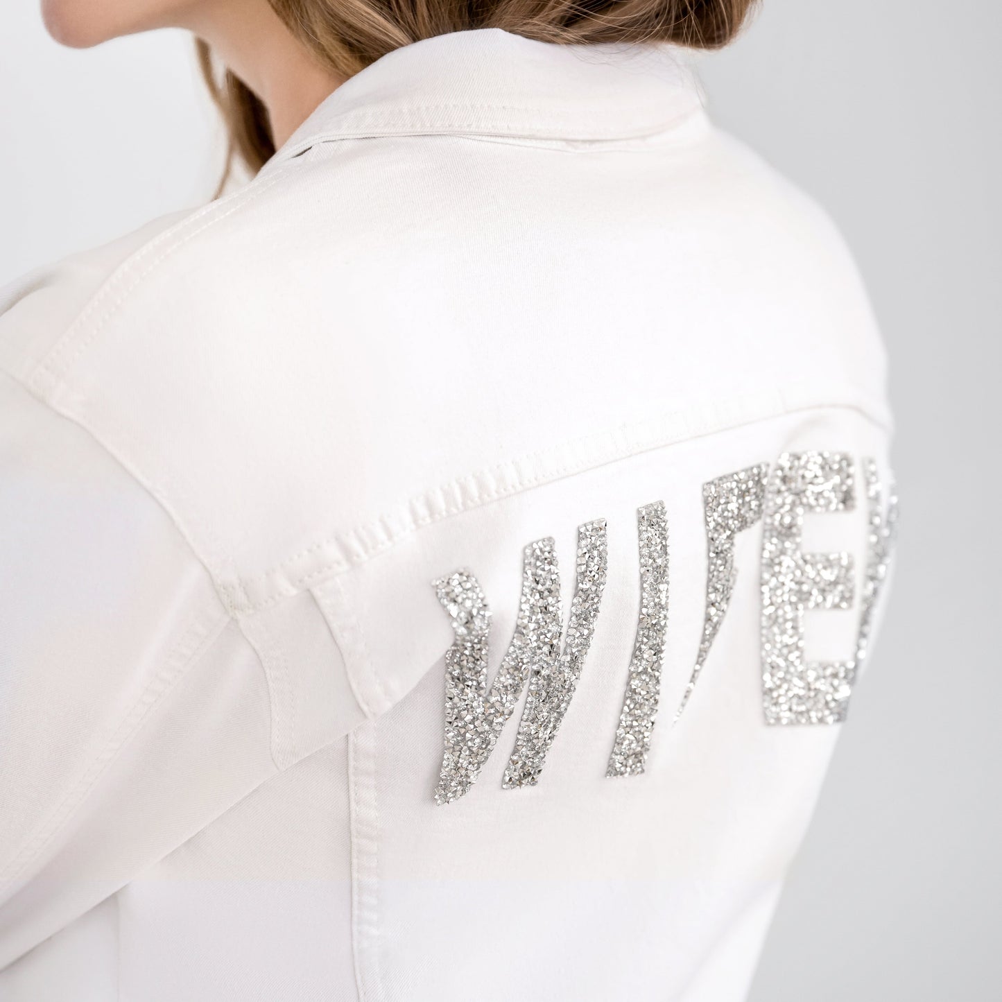 Perfectly Imperfect WIFEY Sparkle Rhinestone White Denim Jacket