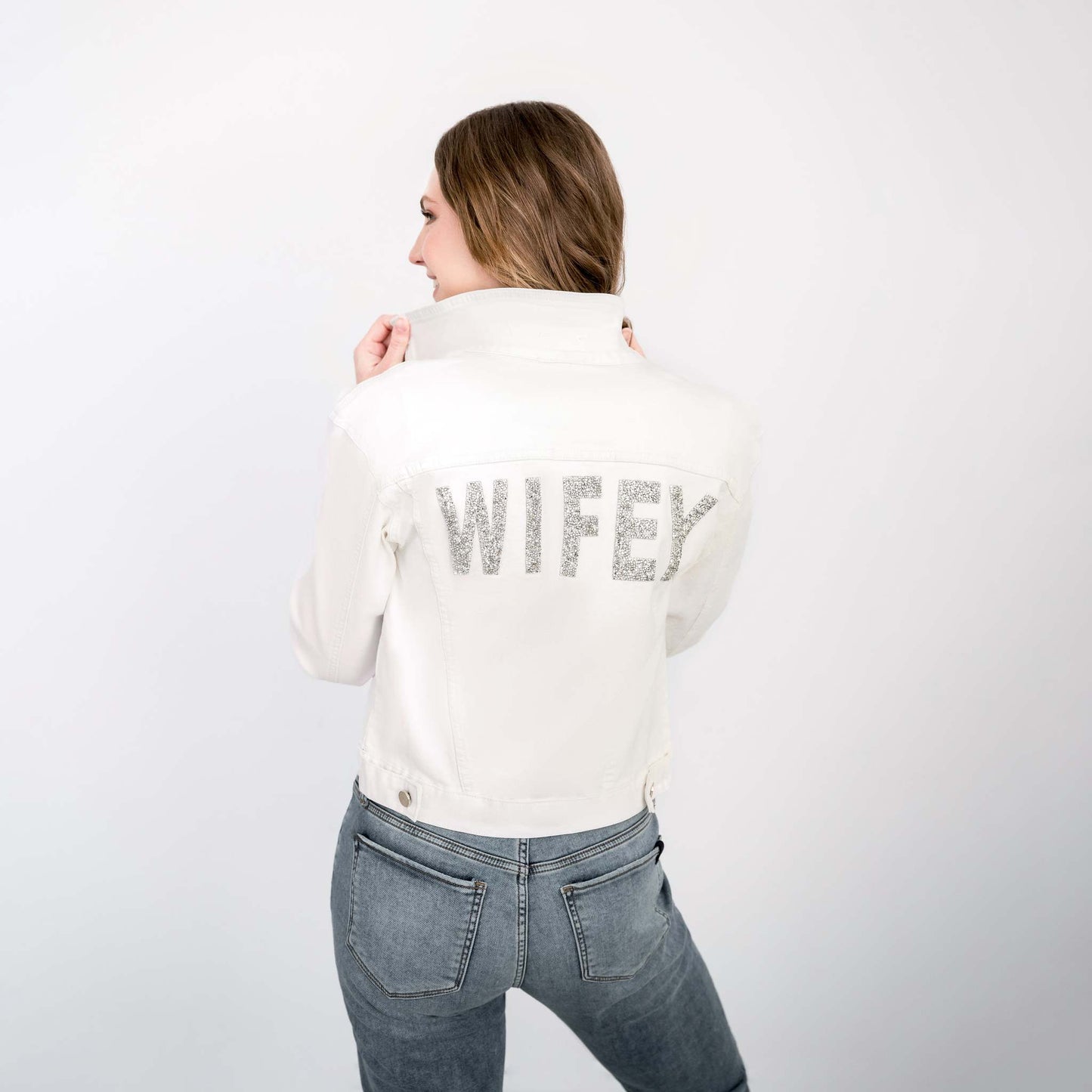 WIFEY Sparkle Rhinestone White Denim Jacket